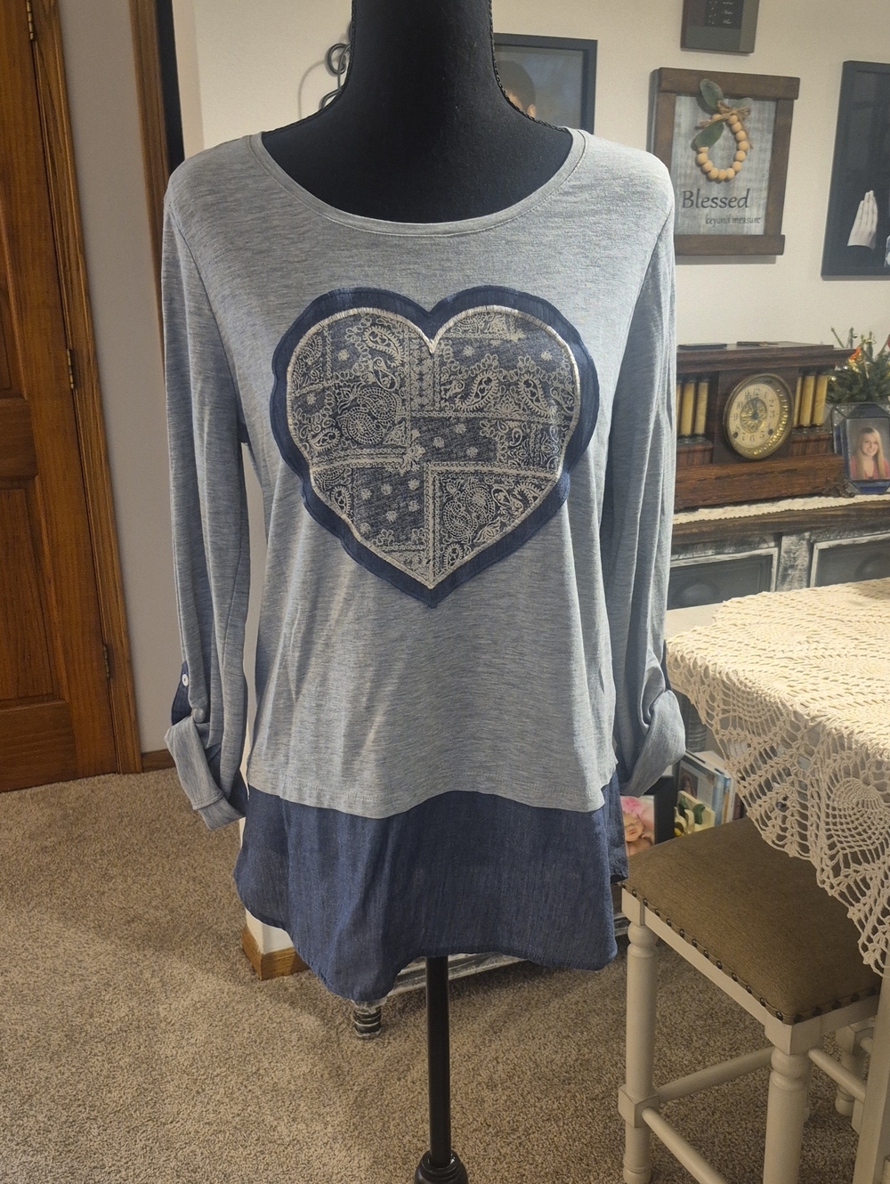 Style & Co. Light Blue Long-Sleeve Tunic with Navy Heart Patch